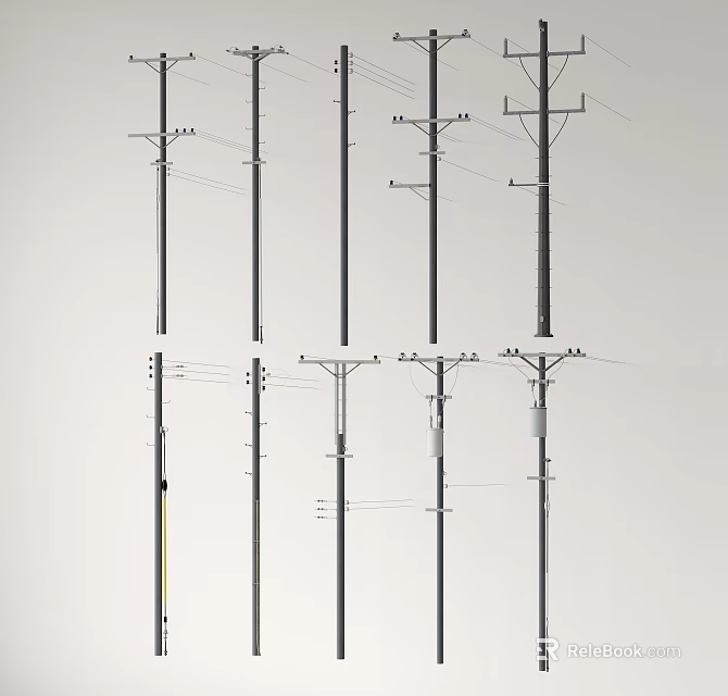 Various Utility Pole Designs with Wires and Bracket Structures Displayed 3d model 