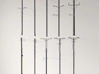 Various Utility Pole Designs with Wires and Bracket Structures Displayed 3d model