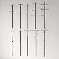 Various Utility Pole Designs with Wires and Bracket Structures Displayed