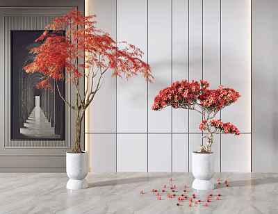 Indoor Decorative Bonsai Plants with Red Leaves and Flowers in White Pots and Scattered Petals 3d model