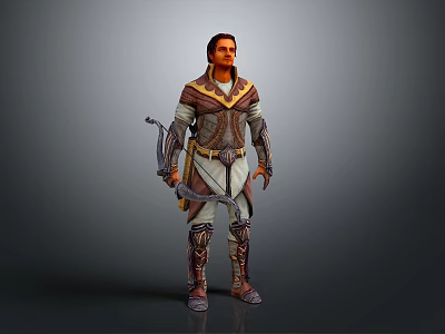 Human Male Warrior Character In Medieval Decorative Armor Holding Bow And Arrow 3d model
