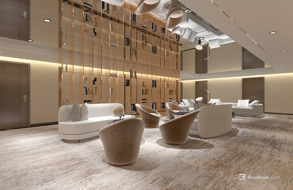 Shopping Mall Store Modern Interior Design With Comfortable Sofas Stylish Chairs And Wooden Decorative Wall 3d model 