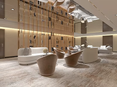 Shopping Mall Store Modern Interior Design With Comfortable Sofas Stylish Chairs And Wooden Decorative Wall 3d model
