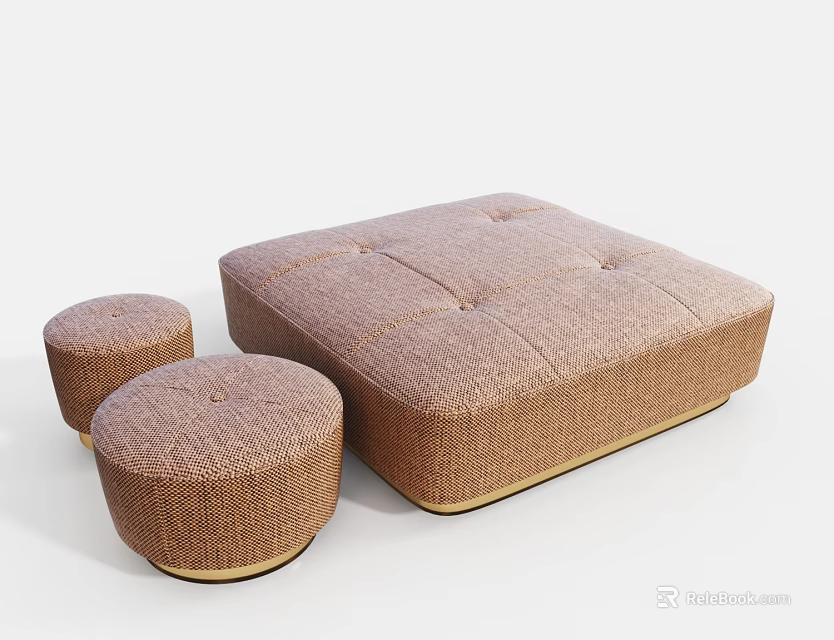 Modern Brown Button Tufted Ottoman Set Including Large Square And Two Round Stools 3d model 