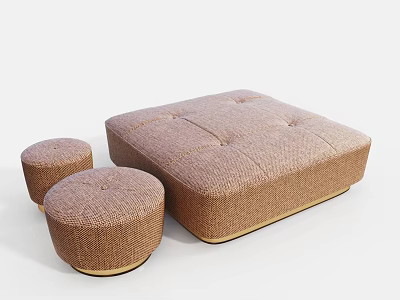 Modern Brown Button Tufted Ottoman Set Including Large Square And Two Round Stools 3d model