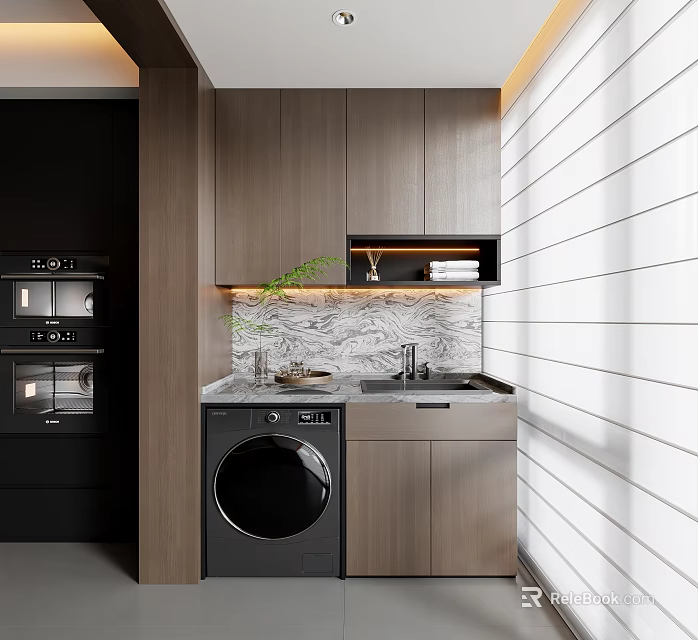 Modern Balcony Cabinet Design With Washing Machine Marble Countertop And White Vertical Stripe Wall 3d model 