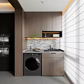 Modern Balcony Cabinet Design With Washing Machine Marble Countertop And White Vertical Stripe Wall