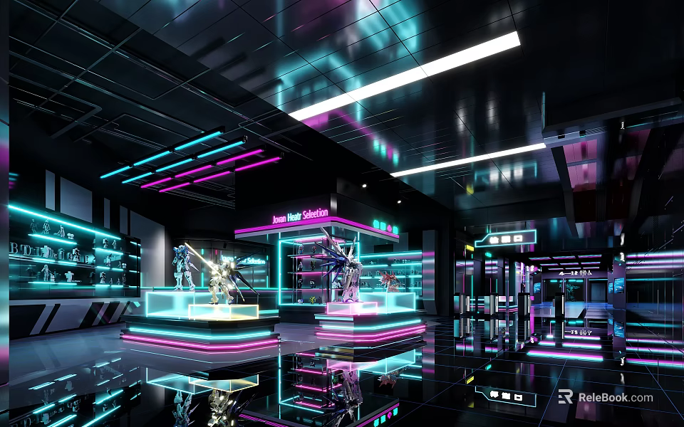 Futuristic Tech Showroom Interior With Neon Lights Reflective Floors And Display Stands 3d model 