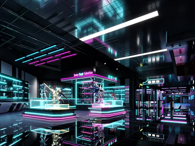 Futuristic Tech Showroom Interior With Neon Lights Reflective Floors And Display Stands 3d model