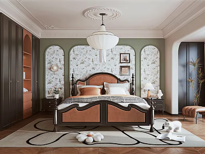 Classic Bedroom Interior Design With Decorative Green Walls Patterned Wallpaper Chandelier And Upholstered Headboard 3d model