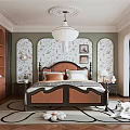 Classic Bedroom Interior Design With Decorative Green Walls Patterned Wallpaper Chandelier And Upholstered Headboard
