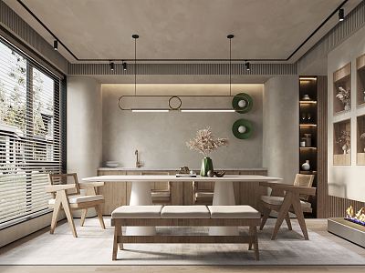 Restaurant Wooden Dining Table Wooden Dining Chair Wooden Stool Metal Horizontal Strip Chandelier Storage Rack Ceramic Vase Wooden Side Cabinet Shutters model