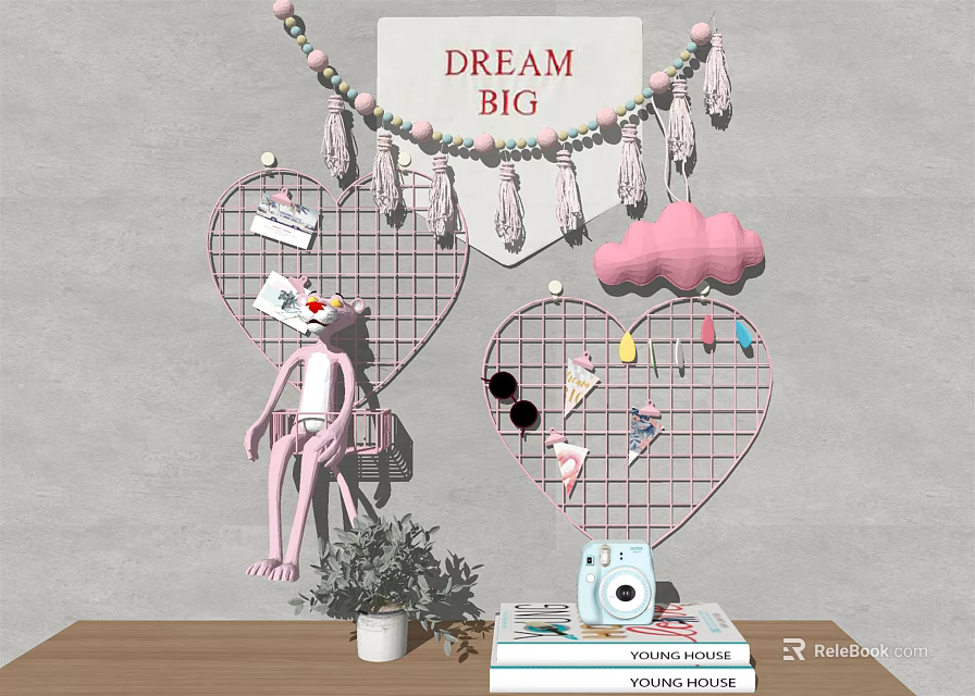 Decorative Ornament Combination with Heart Wire Grids Pink Cloud Tassels Rabbit Plush and Vintage Camera 3d model 