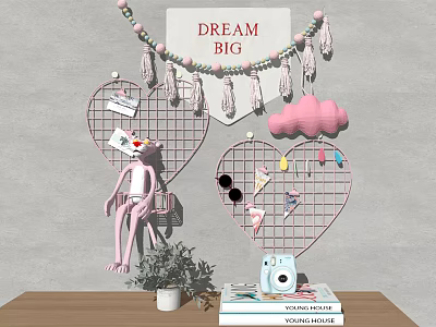 Decorative Ornament Combination with Heart Wire Grids Pink Cloud Tassels Rabbit Plush and Vintage Camera 3d model