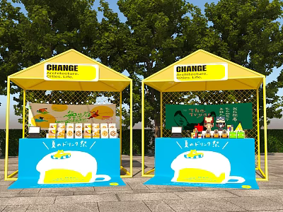 CHANCE Brand Yellow Tents Outdoor Drink Stalls With Blue Displays And Posters 3d model