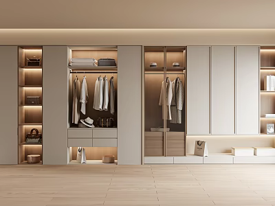 Modern Built in Wardrobe Featuring Hanging Space Shelves Drawers and LED Lighting 3d model