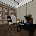 Modern Office Interior With Wooden Bookshelves Desk Computer Sofa Plant And Large Decorative Painting
