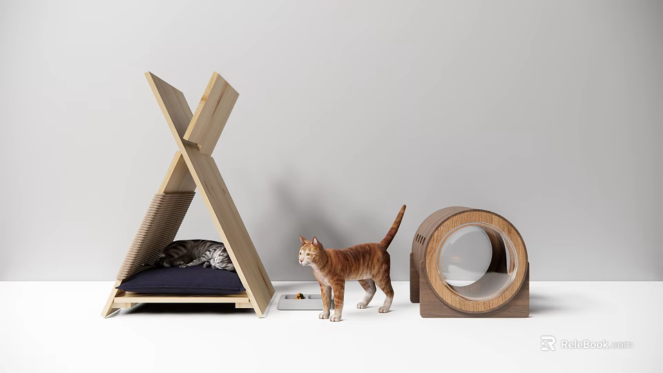 Stylish Cat Furniture Set Teepee Bed Circular Tunnel And Playful Cats 3d model 