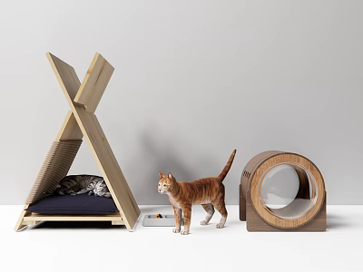 Stylish Cat Furniture Set Teepee Bed Circular Tunnel And Playful Cats 3d model