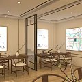Japanese Style Tea House Interior With Wooden Lattice Ceiling And Mountain Landscape Screen