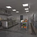 Commercial Kitchen With Stainless Steel Equipment Long Worktables Fruit Vegetables On Shelves And Bright Lighting