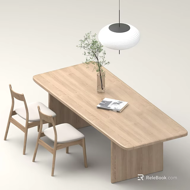 Modern Wooden Dining Table with Two Chairs White Pendant Light Green Plant Vase and Magazine 3d model 