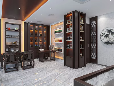 Tobacco and Liquor Store with Wooden Wine Cabinets Displayed Wines Chinese Decor and Marble Flooring 3d model