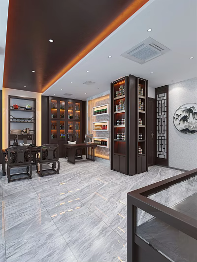 Tobacco and Liquor Store with Wooden Wine Cabinets Displayed Wines Chinese Decor and Marble Flooring 3d model