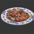 Stir Fried Bacon Mushrooms Tofu And Bell Peppers On Blue And White Patterned Plate