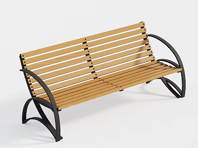 Outdoor Public Bench Featuring Wooden Slats And Black Metal Frame Design 3d model