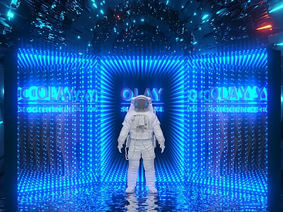 Cosmic Way Check in Photo Spot With Astronaut Blue Lights And Reflective Floor 3d model