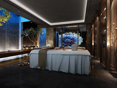 SPA Sauna Tranquil Interior With Massage Bed White Sheets Waterfall Feature And Decorative Screen 3d model