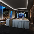SPA Sauna Tranquil Interior With Massage Bed White Sheets Waterfall Feature And Decorative Screen 3d model