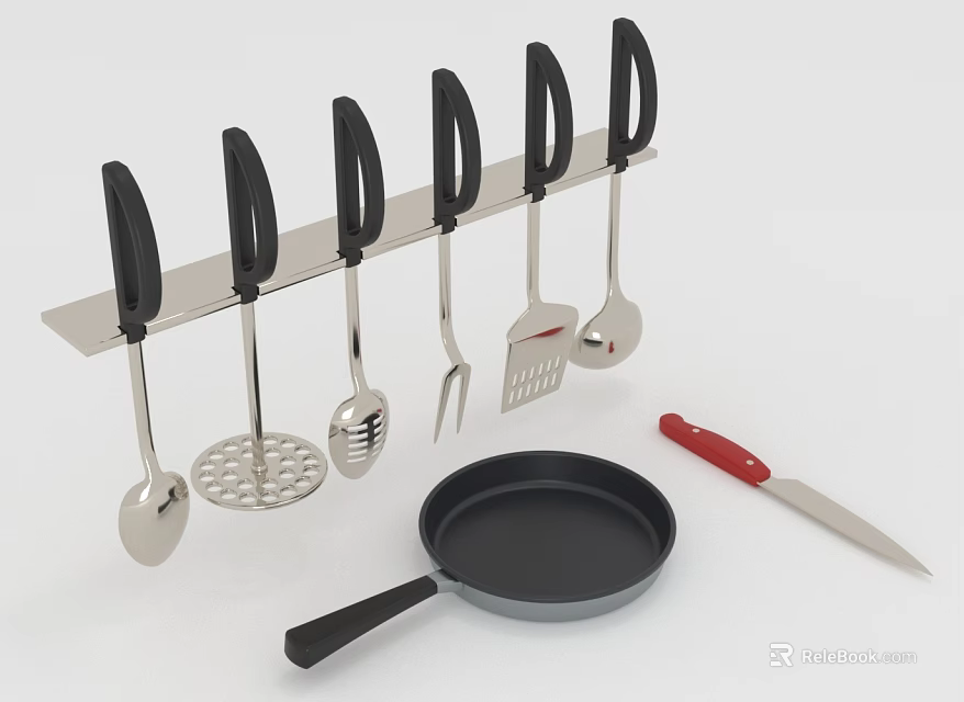 Stainless Steel Kitchen Utensils Set With Hanging Rack Frying Pan And Knife 3d model 