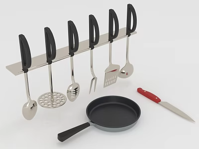 Stainless Steel Kitchen Utensils Set With Hanging Rack Frying Pan And Knife 3d model