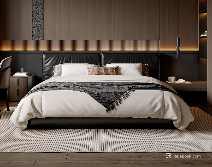 Modern Double Bed with Black Headboard White Bedding and Striped Throw in Wooden Wall Bedroom 3d model 
