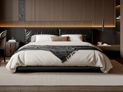 Modern Double Bed with Black Headboard White Bedding and Striped Throw in Wooden Wall Bedroom 3d model