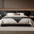 Modern Double Bed with Black Headboard White Bedding and Striped Throw in Wooden Wall Bedroom