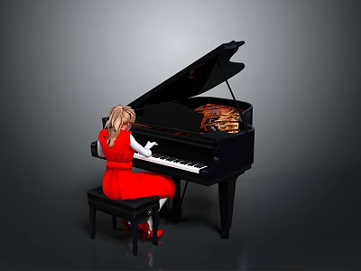 Black Grand Piano With Open Lid And Girl In Red Dress Playing 3d model