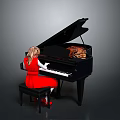 Black Grand Piano With Open Lid And Girl In Red Dress Playing