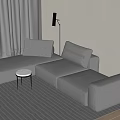 Modern Gray Sofa Coffee Table Set with Sheer Curtains Floor Lamp on Dark Carpet