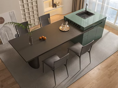 Modern Dining Table Set with Gray Chairs Vase Oranges Tray Glassware and Green Kitchen Island 3d model