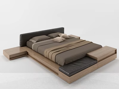 Modern Double Bed With Wooden Frame Black Headboard And Brown Bedding 3d model