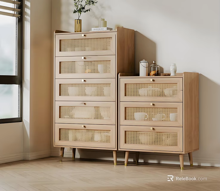 Wooden Sideboard In Light Wood Tone With Rattan Drawers And Slender Legs 3d model 