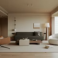 Modern Neutral Living Room With Beige Walls Dark Green Sofa Brown Armchair And Wooden Floor
