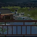 Scenic Night View Of Man On Bridge Traditional Pavilion Lotus Pond And Distant Modern Buildings
