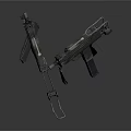 3D Rendered Firearms Equipment Including Submachine Gun And Magazine On Dark Background