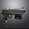 Futuristic Sci-Fi Weapon with Silver Metallic Body Brown Wooden Grip Red Laser and Mechanical Structure