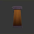 Wooden Bookshelf with Multiple Shelves Filled with Red and Brown Books and Purple Decorative Corners