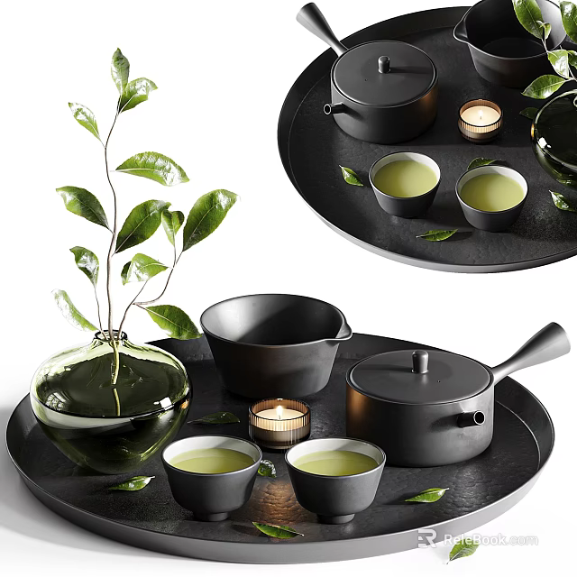 Elegant Black Tea Set with Teapot Teacups Trays Green Leaves Candles and Plant Vase 3d model 